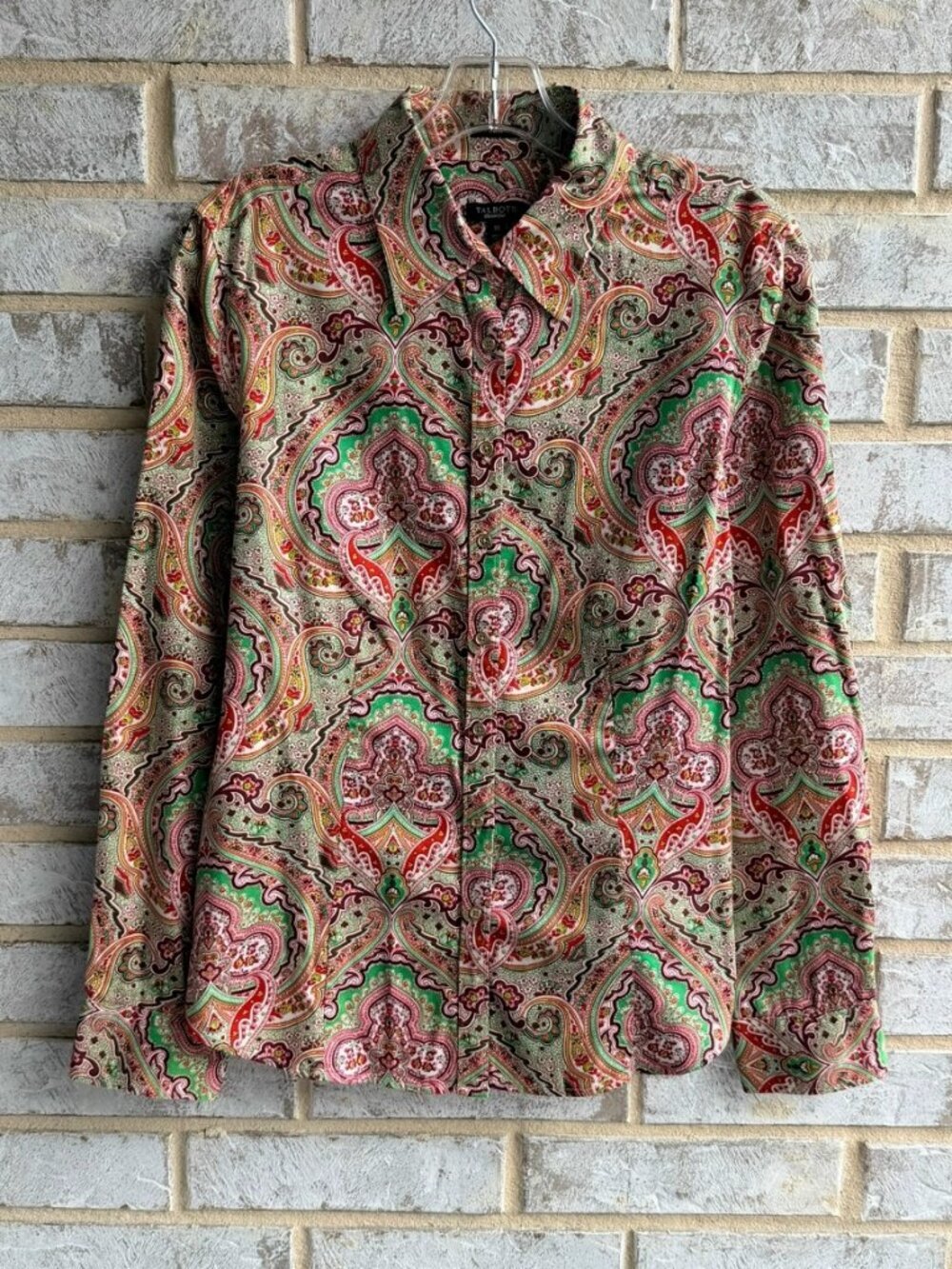 Talbots Long Sleeve Button Up Cotton Blend Colorful Paisley Shirt Size 10